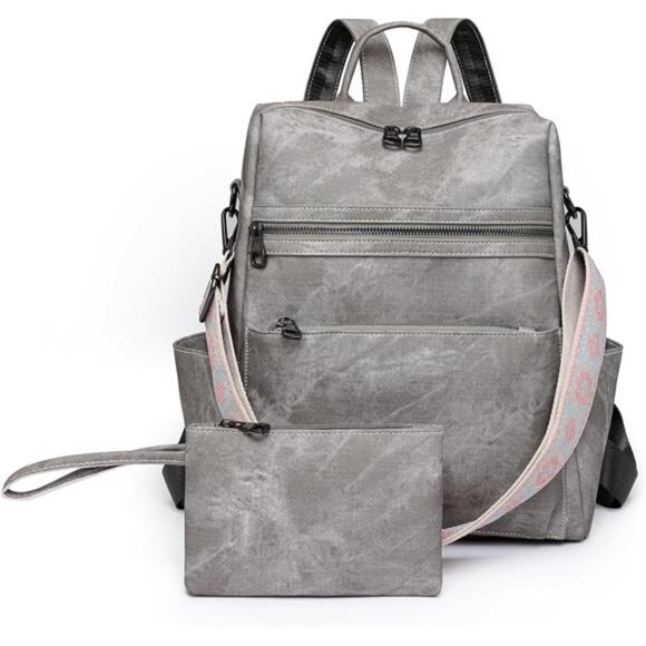 Backpack Purse, PU Leather Backpack, Grey - Picture 1 of 7